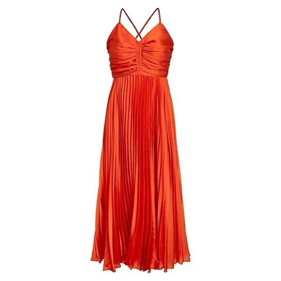Adelyn Rae Pleated Skirt Ruched Bodice Satin Midi Dress Orange Small NWT - Picture 1 of 6